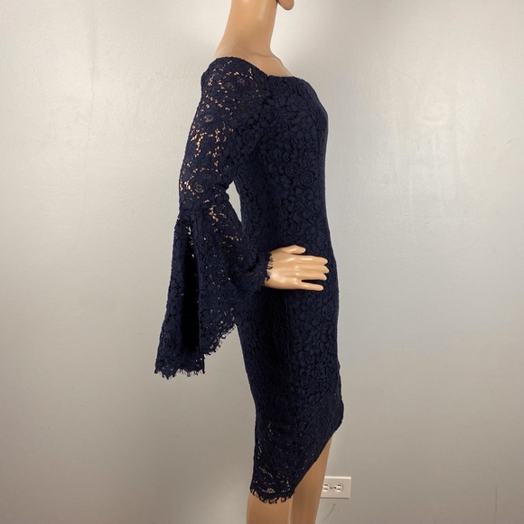 NEW BARDOT REVOLVE NAVY OFF-THE-SHOULDER LACE DRESS - Picture 5 of 8